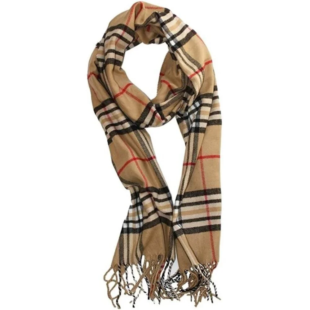 Women's Camel Plaid Super Soft Classic Cashmere Feel Winter Scarf Outerwear